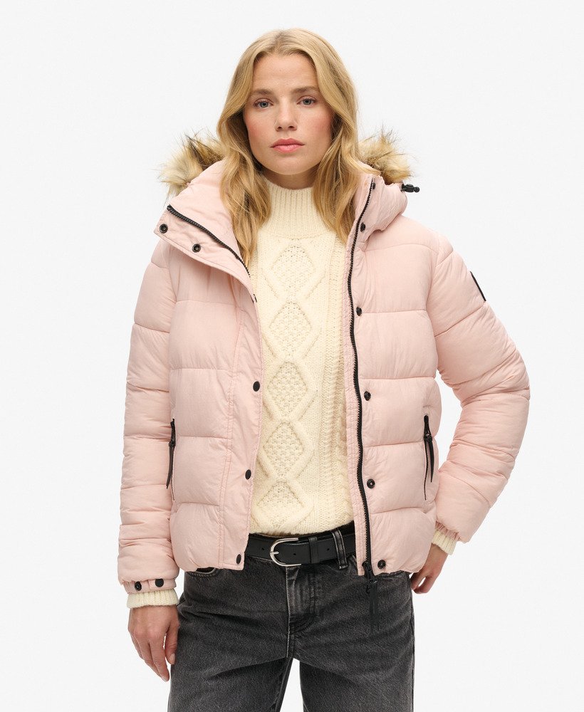 Women s Faux Fur Short Hooded Puffer Jacket in Pink Blush Superdry CA EN