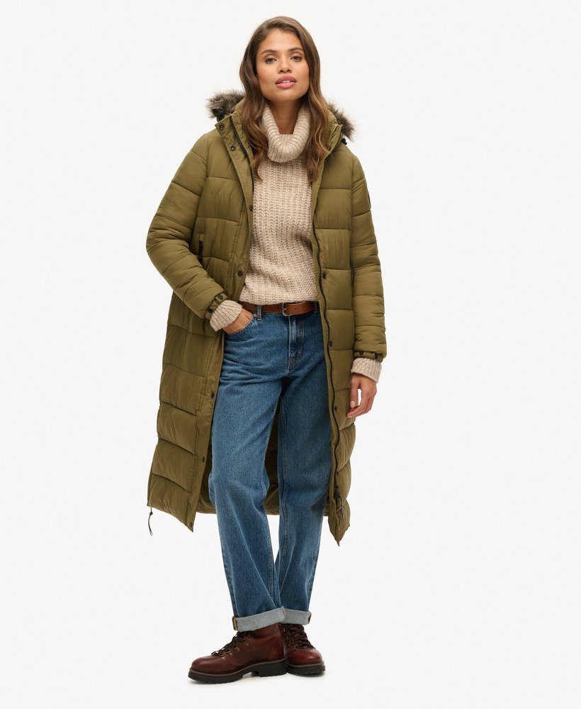 Olive faux fur trim hooded puffer jacket online