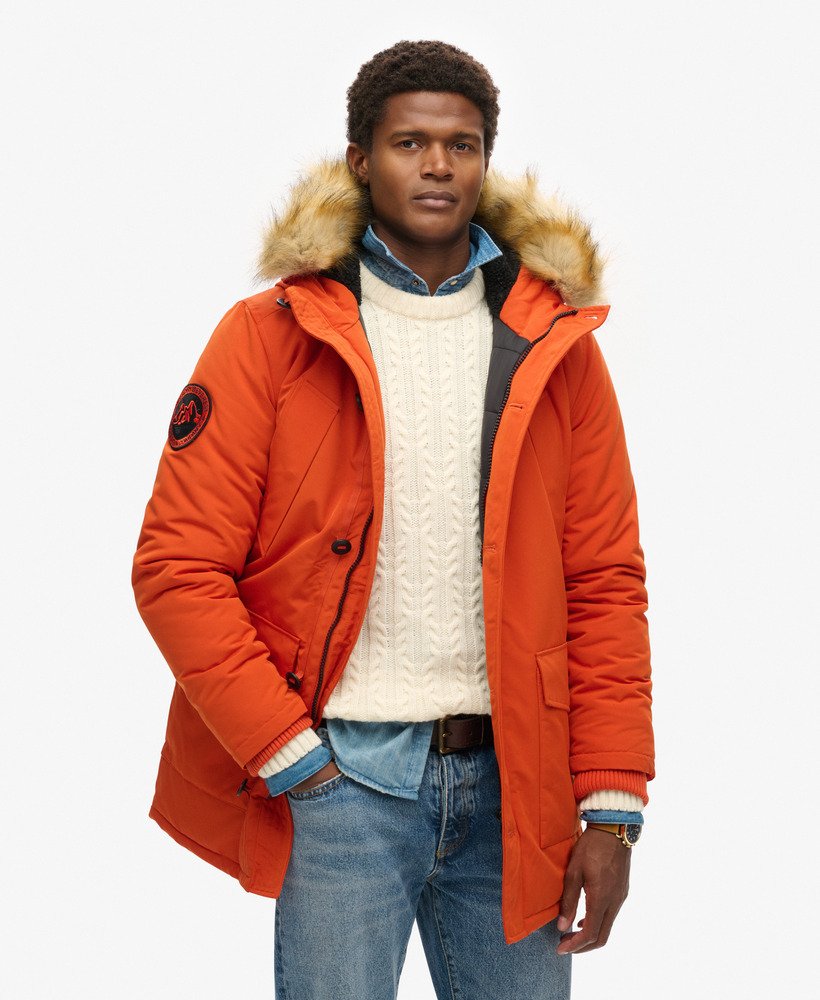 Men s Everest Faux Fur Hooded Parka Coat in Pureed Pumpkin Orange Superdry CA EN