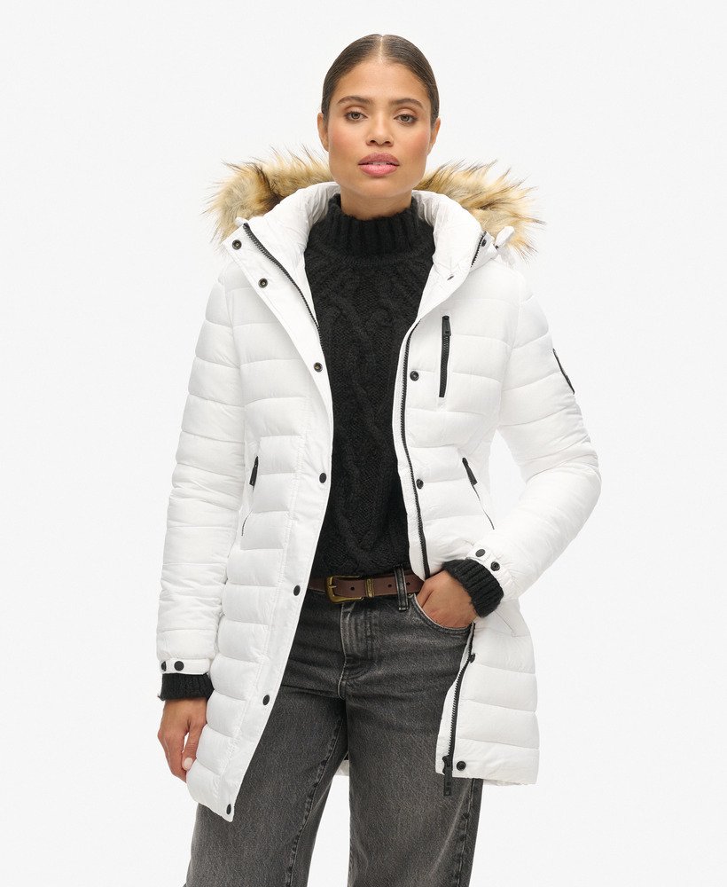 Womens Fuji Hooded Mid Length Puffer Coat in White Superdry UK