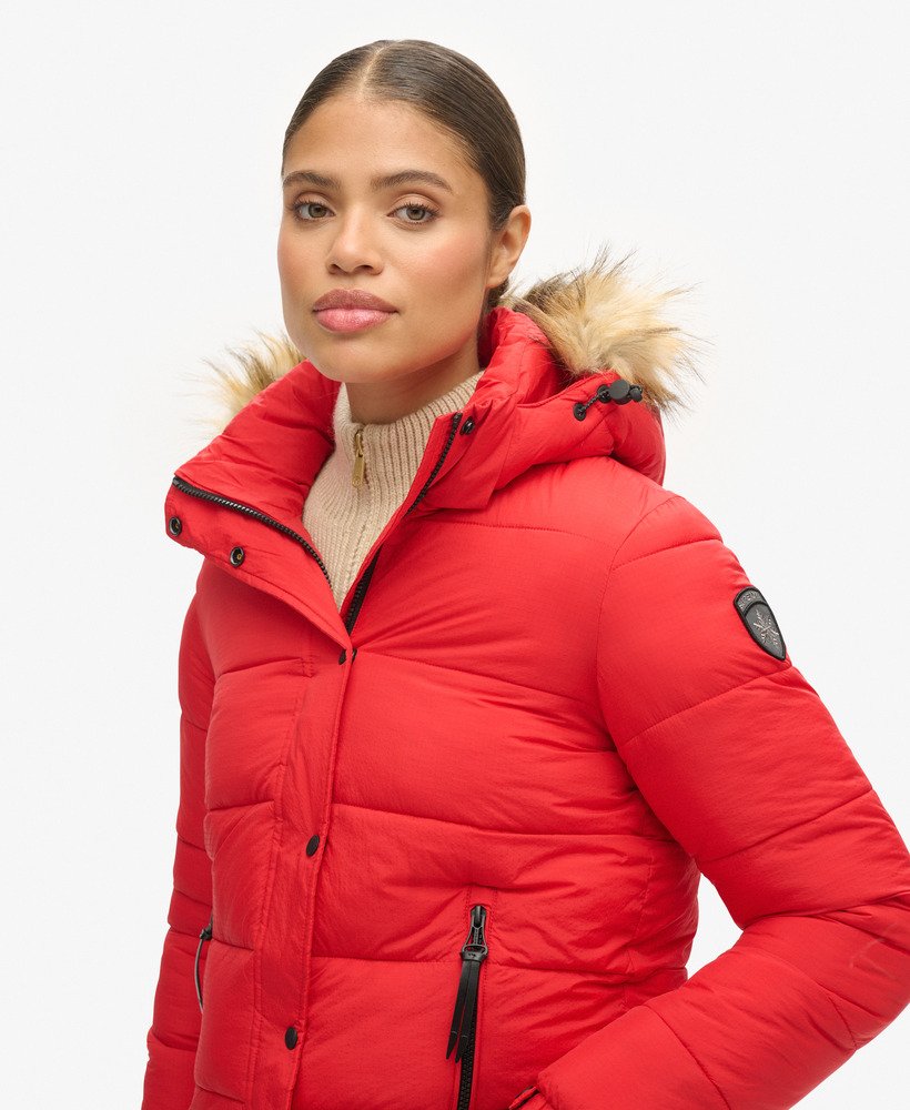 Red down jacket with fur hood on sale