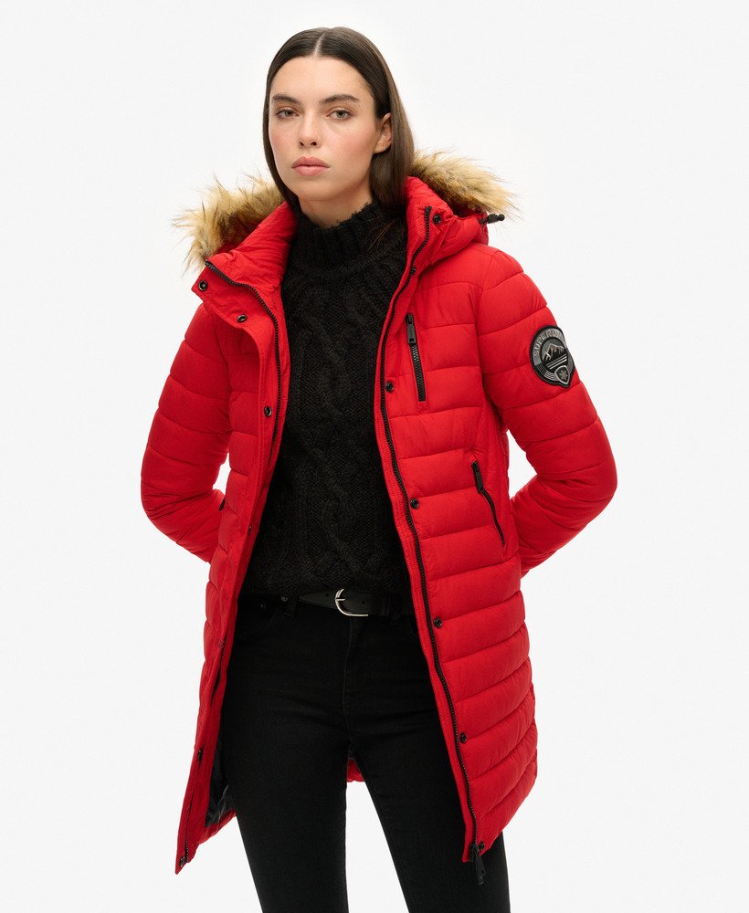 Femme Doudoune mi longue a capuche Fuji Rouge Universitaire Superdry FR