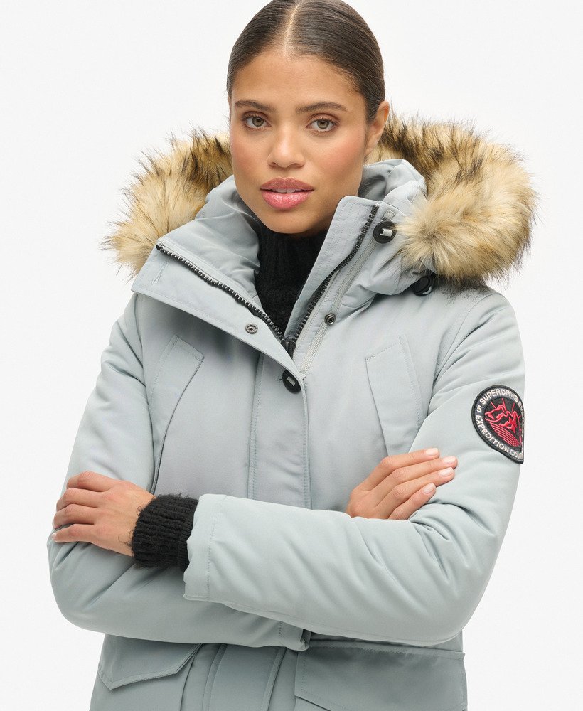 Women s Everest Faux Fur Hooded Parka Coat in Skylark Grey Superdry CA EN