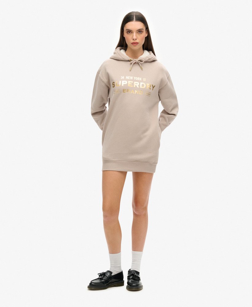 Womens Luxe Metallic Logo Hoodie Dress in Warm Grey Superdry UK