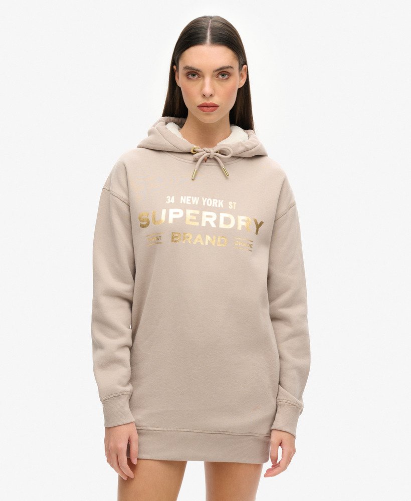 Womens Luxe Metallic Logo Hoodie Dress in Warm Grey Superdry UK