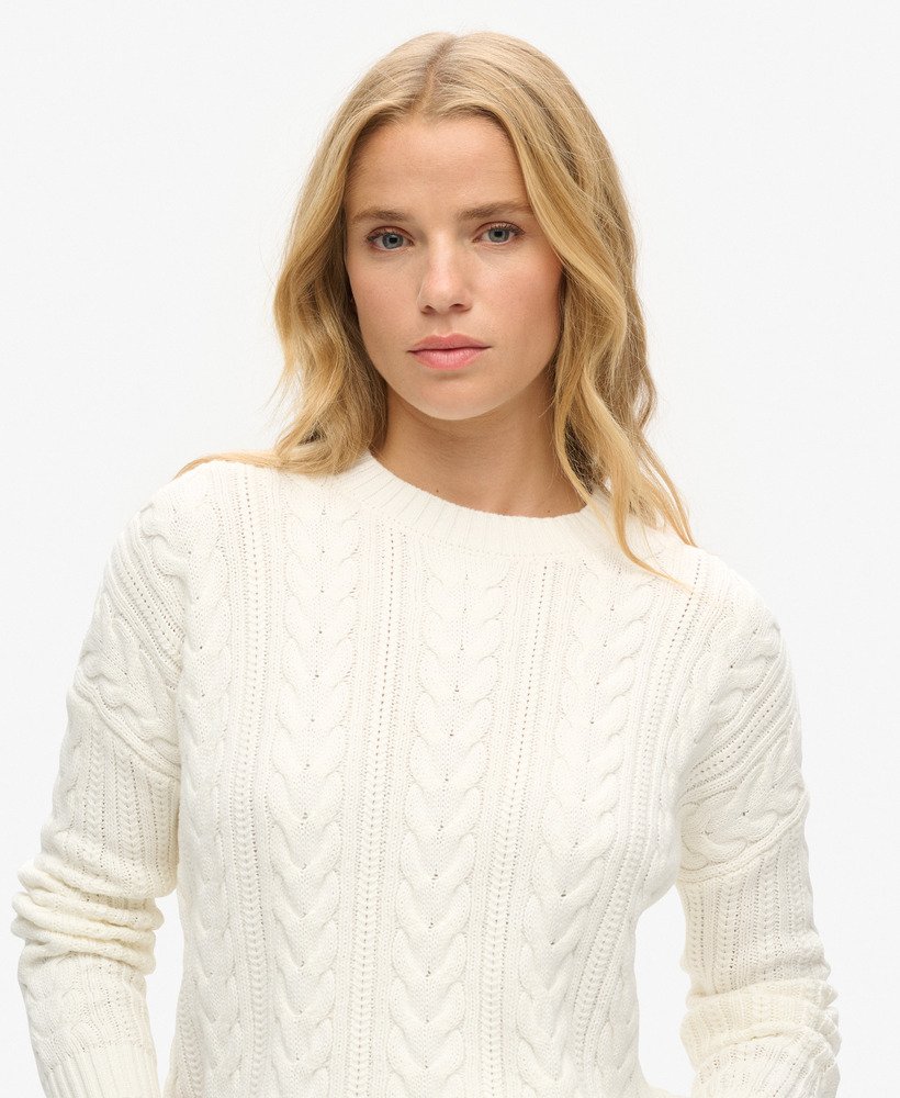 Womens - Dropped Shoulder Cable Crew Jumper in Winter White | Superdry UK