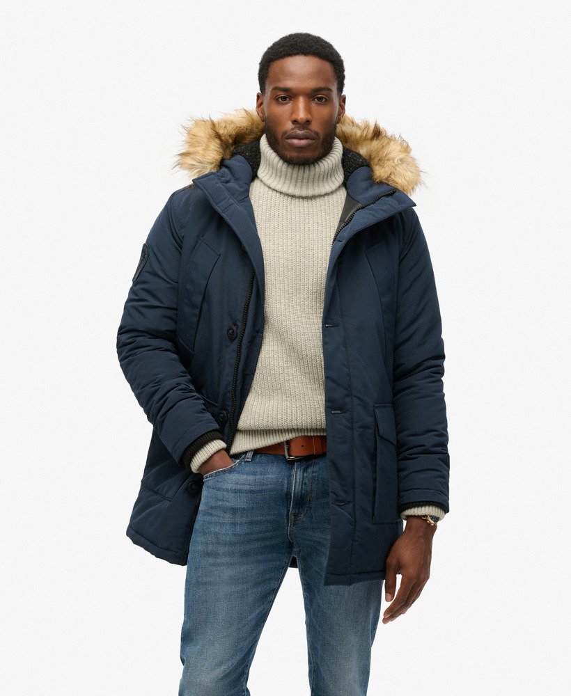 Navy blue coat with fur hood hotsell