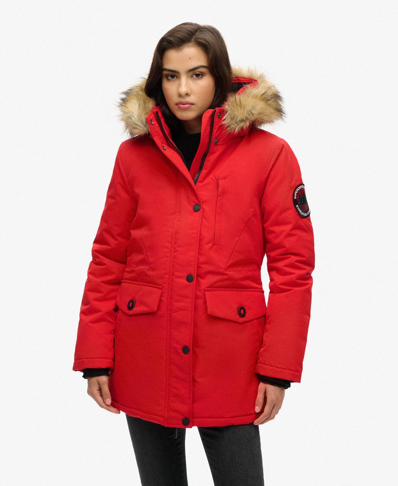 Red parka with fur hood on sale