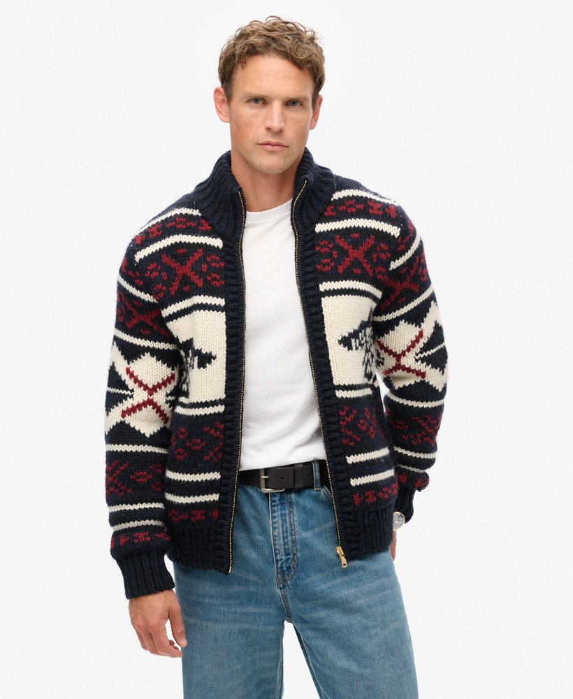 Mens Chunky Knit Patterned Zip Through Cardigan in Navy Multi Superdry UK