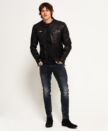 Mens - Classic Real Hero Biker Leather Jacket in Black | Superdry