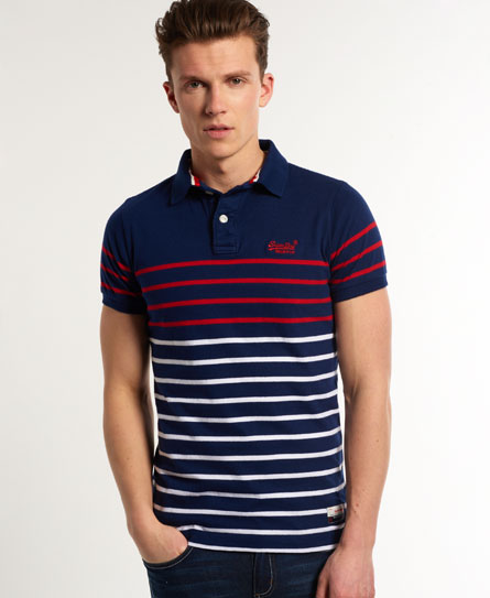 Mens - Chest Band Breton Polo Shirt in Rinse Navy / Red | Superdry