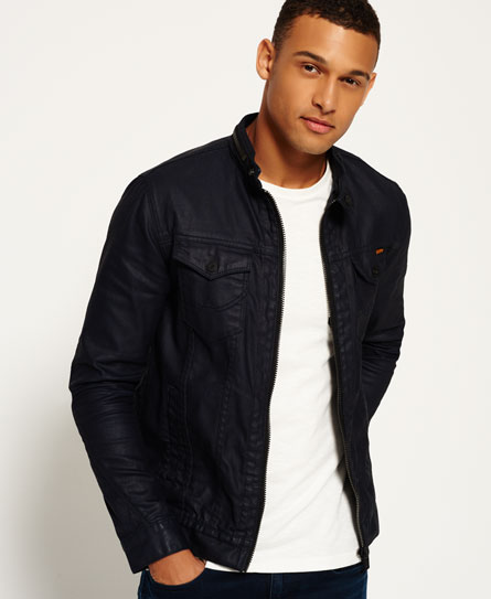 Mens - Denim Biker Jacket in Blue Ink Resinated | Superdry