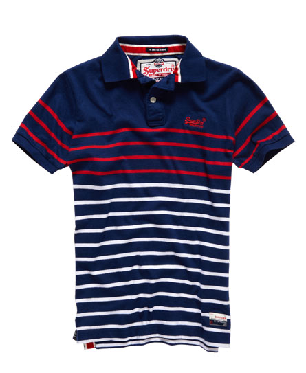 Mens - Chest Band Breton Polo Shirt in Rinse Navy / Red | Superdry