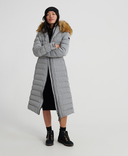 pale grey faux fur trim hooded puffer jacket